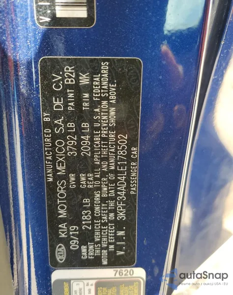 2020 Kia Forte Gt Line z USA, uszkodzony, nr VIN 3KPF34AD4LE178502